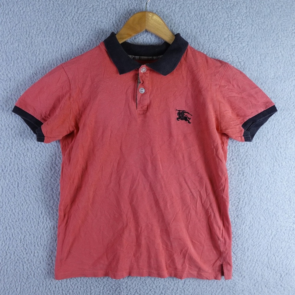 Burberry Brit Mens Red Navy Trim Prorsum Knight Logo Pique Polo Shirt